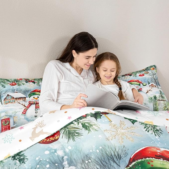 Castle Fairy Merry Christmas Full Size Comforter Set,Watercolor Cute Snowman Pine Trees Bedding Comforters Bedroom Collection,Xmas Cartoon Decor Natural Bedding Set for Girls Teens