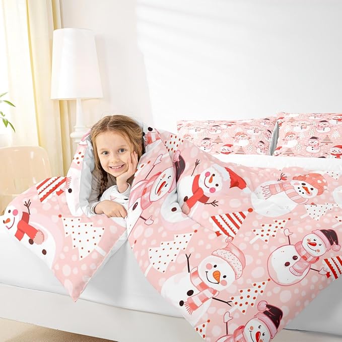 Manfei Christmas Comforter Set Queen Size, Snowman and Xmas Trees Down Comforter with 2 Pillowcases, New Year Pink Bedding Set 3pcs for Kids Girls Adults Bedroom Decor Lightweight Duvet Insert