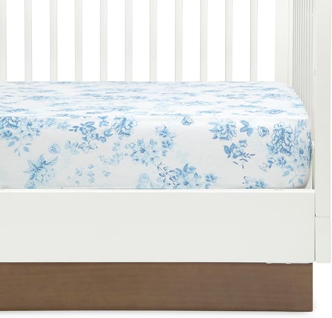 Delta Children 100% Organic Cotton Fitted Crib Sheets, Blue Botanicals + 100% Organic Jersey Cotton Baby Receiving Blankets – 30x40 Inches - GOTS Certified (Pack of 2) (Bundle)