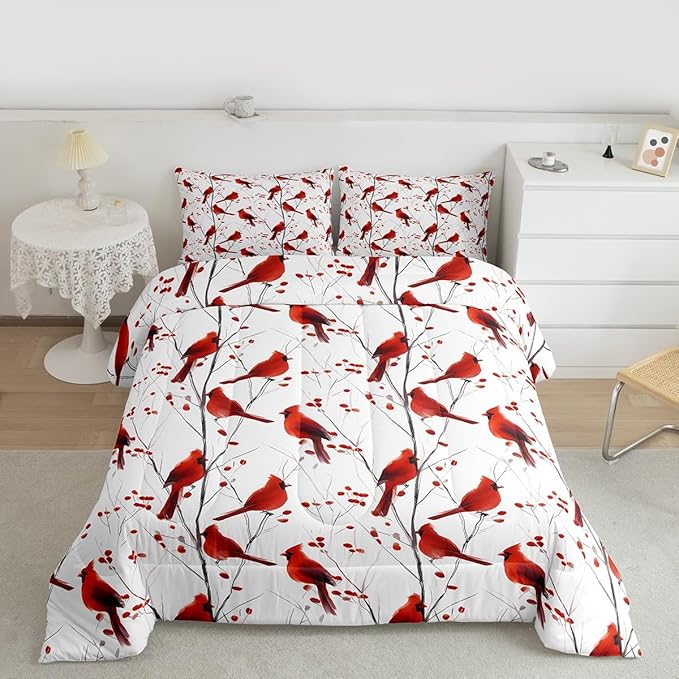 Feelyou Berries and Cardinals Pattern Comforter Set All Season Red Cardinal Bedding Set with 2 Pillow Cases Christmas Kids King Bedclothes Bird Print Decor Animal Decor Duvet Quilt Soft Lightweight