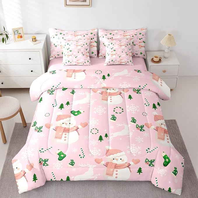 Feelyou Pink Christmas Comforter Set King Size 7 Pieces Cartoon Deer Snowman Bedding Set for Kids Boys Girls New Year Pink Bed in a Bag Reversible Xmas Decor Bedroom Quilted Breathable Soft