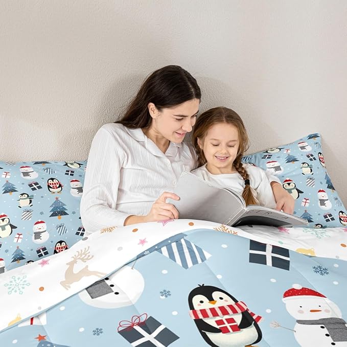 Feelyou Merry Christmas Bedding Set Soft for Boys Girls, Penguin Comforter Set Queen Size Xmas Tree Snowman Duvet Quilt Microfiber Gift Snowflake Bedroom Decor 3 Pcs with 2 Pillow Cases