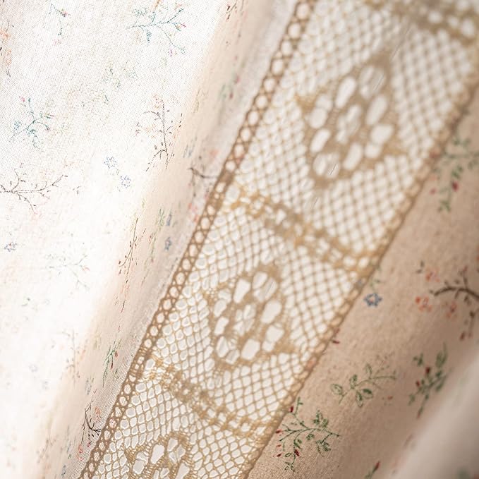 ENJOYBRIDAL Floral Curtains 63 Inch Length 2 Panels Crochet Lace Patchwork Drapes Semi-Sheer Boho Tassel Bedroom Living Room Farmhouse Short Beige Small Country Rustic Rod Pocket Window Curtain