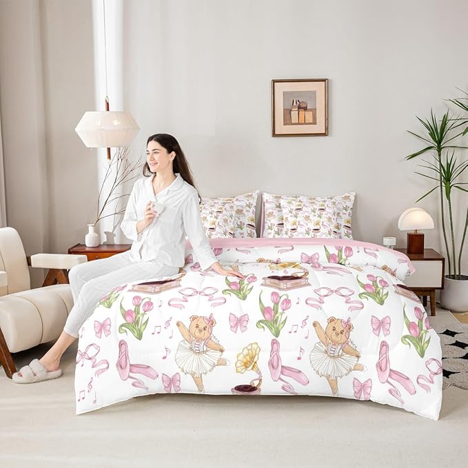 Pink Bowknot Princess Comforter Full Size,Ballet Shoes Bear Dancer Cartoon 7 Pcs Bedding Set,Tulip Flower Music Note Record Decor,Bow Tie Romantic （Fitted+Sheet+2 Pillowcases+2 Throw Pillow Covers）
