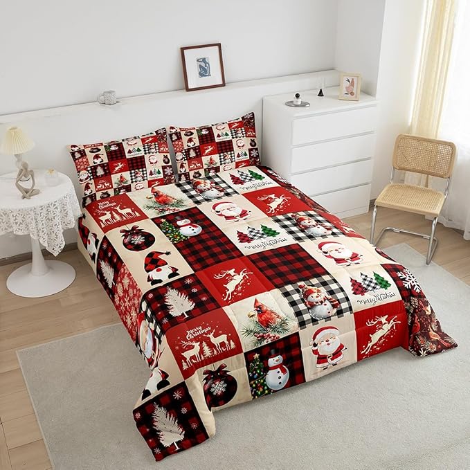 Christmas Comforter Set Full Size,Red Plaid Holiday Design Bedding Set 3pcs,Snowman Santa Claus New Year Patchwork Down Comforter for All Season, Kids Boys Girls Room Decor,2 Pillowcases,No Sheets