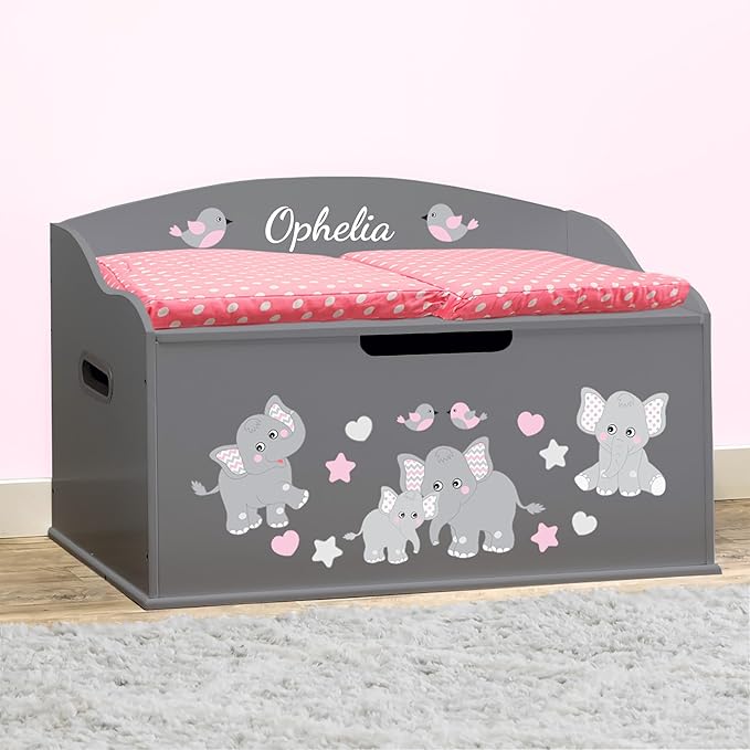 DIBSIES Personalized Creative Wonders Toy Box, Pink Elephants, 30 x 19.25 x 18 inches, Soft-Close Lid (Dovetail Grey)