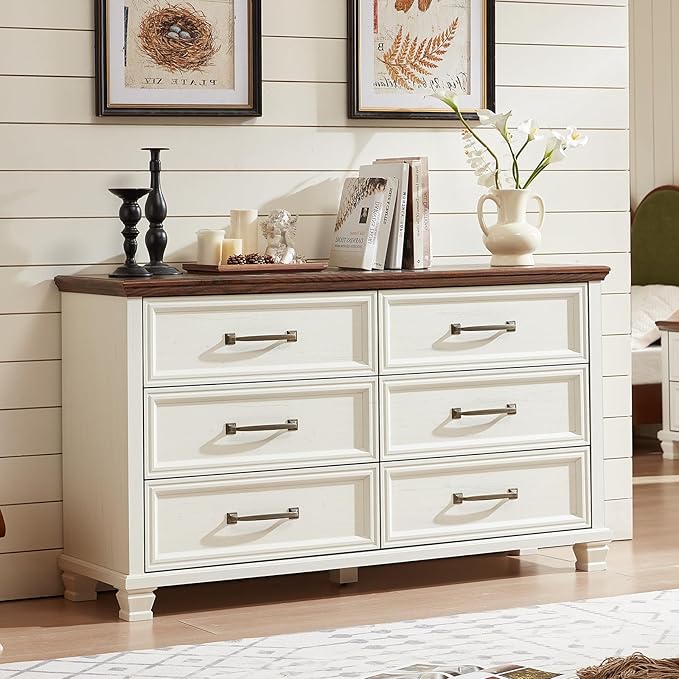Farmhouse Bedroom Dresser and Nightstand Set of 4, 6 Drawer Low & 5 Drawers Dresser & 2 Drawer Nightstand Set, Rustic Wood Furniture Set for Bedroom, Hallway, White