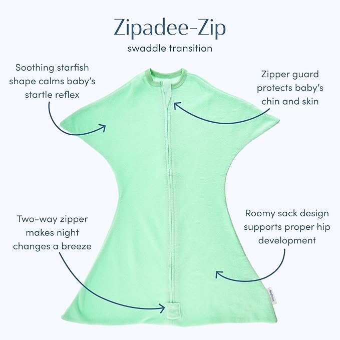 SleepingBaby Fleece Zipadee-Zip Transition Swaddle and Snuggle Strap Bundle - Roomy Baby Swaddle Blanket with Zipper Convenience and Wearable Blanket Accessory, Mint, Medium (6-12 Month)