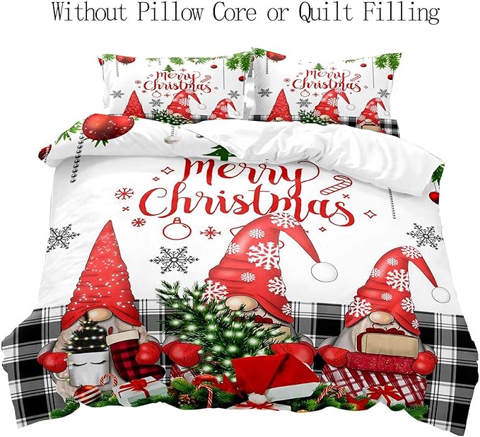 LUVIVIHOME 3PCS Christmas Gnome Duvet Cover Queen, Christmas Bedding, White Duvet Cover Holiday New Year Xmas Santa Swedish Tomte Snowflake Red Black Buffalo Plaid Comforter Quilt Cover 2 Pillow Shams