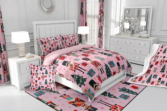 Feelyou Nutcracker Comforter Set All Season Merry Christmas Tree Bedding Set with 2 Pillow Cases Snowflake Kids Full Bedclothes Soldier Print Decor Duvet Quilt Soft Lightweight