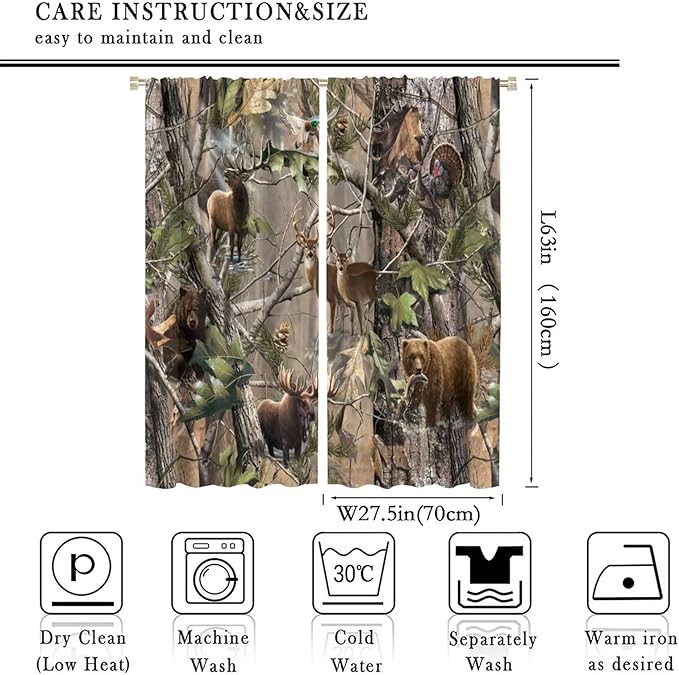 Retro Forest Window Curtains, Camouflage Hunting Tree Camo Rustic Deer Elk Bird Bear Blackout Rod Pocket Windows Door Curtain for Bedroom Living Room Home Decor 55x63in