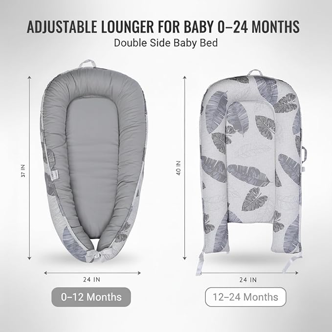 Baby Lounger – Infant Lounger for Newborn 0–24 Months, Baby Nest Lounger, Portable Newborn Lounger, Soft Breathable Cotton, Essentials for Babies at Home and Travel (Gray Feather)