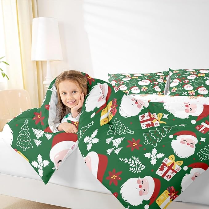 jejeloiu Santa Claus Comforter Set Full Size Merry Christmas Bedding Set for Kids Boys Girls Xmas Themed Duvet Quilt Green Bedroom Decor