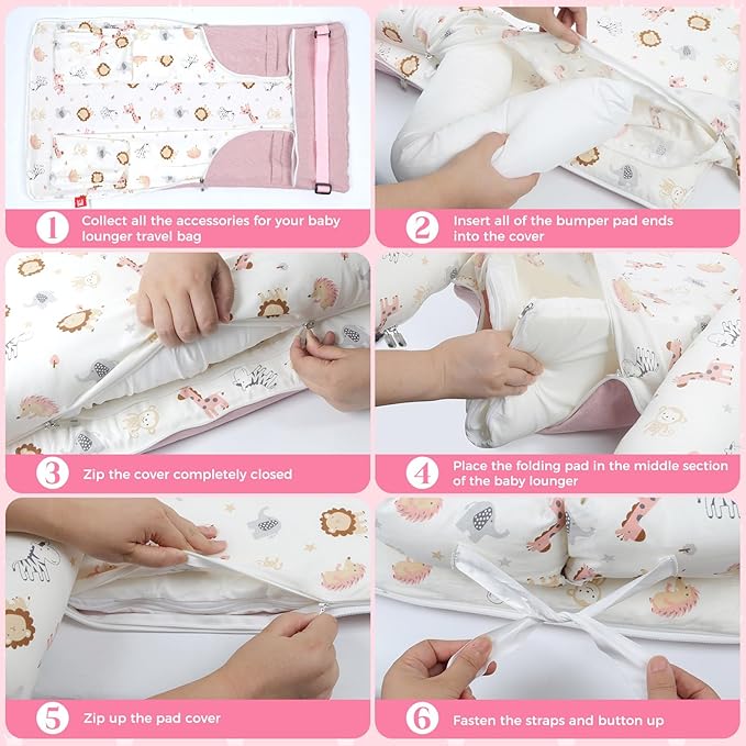 Baby Lounger for Newborn 0-24 Months, Portable Infant Lounger with Soft Breathable Cotton, Adjustable Size Lengthen Space Lightweight & Washable Essentials for Home (2. Pink Animal World)
