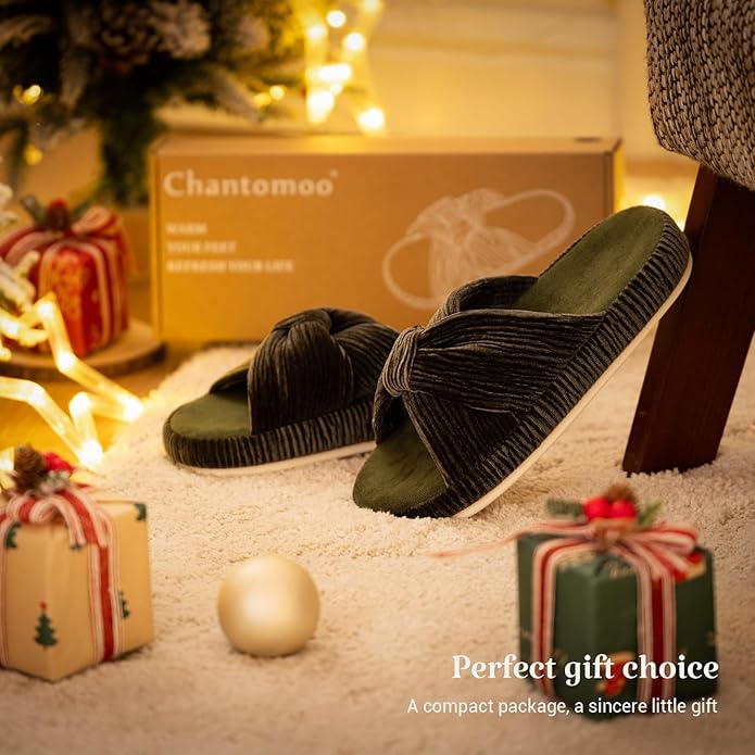 Chantomoo Slippers for Women Memory Foam House Bedroom Corduroy Bow Crossbands Slipper Shoes Comfy Trendy Gift Slippers