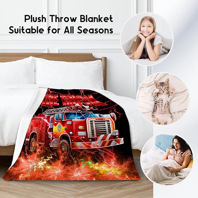 Kids Blanket Fire Truck Gifts for Toddler Boys Son, 60"x80" Fleece Soft Cozy Car Theme Throw for Bed Living Room