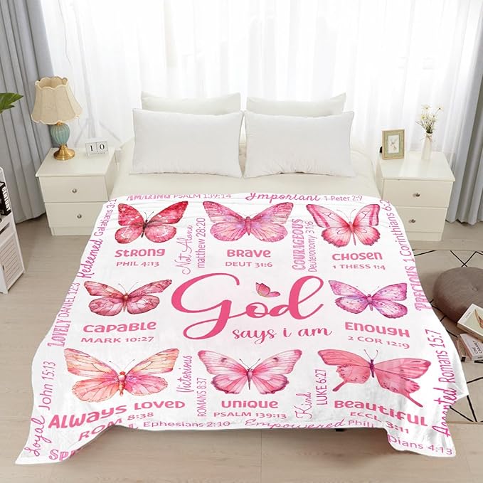 Butterfly Bible Verse Blanket, Inspirational Scripture Religious Gifts for Christian, Warm Soft Flannel Bible Throw for Bed Sofa Decoration 60"x80" for Adult