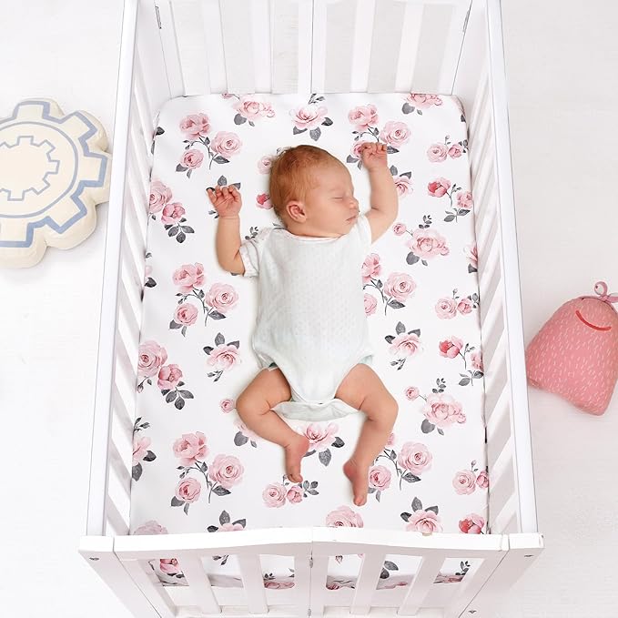 PHF 3 Pack Soft Mini Crib Sheets, Rose Floral Silky Pack N Play Sheets for Baby Boys Girls, Universal Fit for Pack N Play, Playard, Portable and Mini Crib Mattresses, Pink Floral