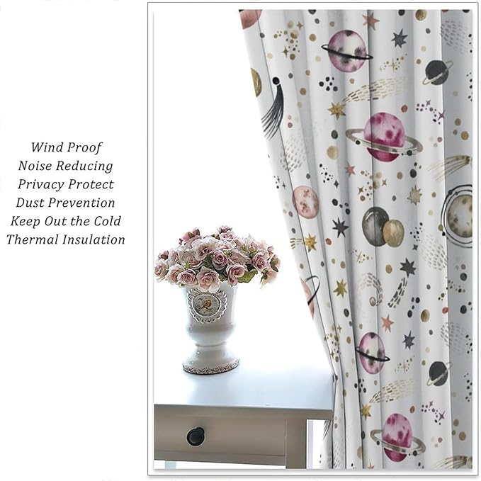 Kids Outer Space Curtains, Cartoon Galaxy Planet Universe Starry Starts Printed Window Drapes for Boys Girls Teens Bedroom Nursery 55" W X 63" L
