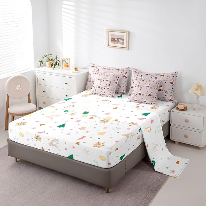 Santa Claus Bed Set Christmas Deer Bed in a Bag for Kids Boys Girls Winter Snowflake Comforter Set with Sheets Merry Christmas Khaki Bedding Set Bedroom Collection King Size