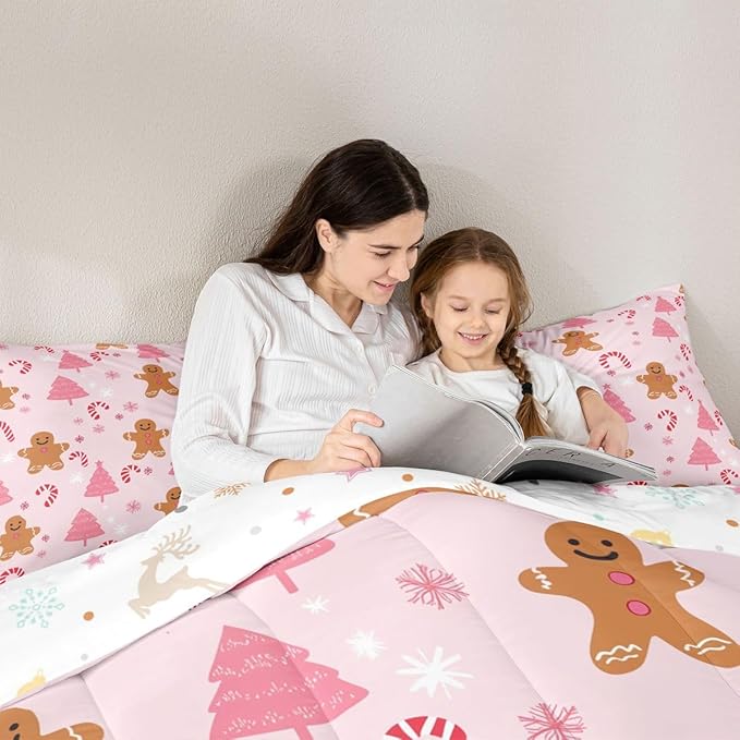 Feelyou Cute Gingerbread Man Comforter Set Pink Christmas Tree Bedding Set with 1 Pillow Cases Candy Cane Kids Toddler Snowflake Room Decor Christmas Duvet Quilt Breathable Soft Lightweight