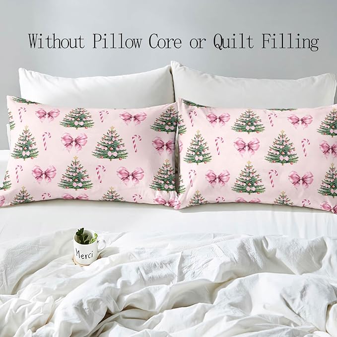 LUVIVIHOME 3PCS Pink Bow Christmas Tree Duvet Cover King Bedding Set, Teen Girls Bedding, Xmas Tree Candy Cane Winter Holiday Christmas Comforter Cover, Coquette Room Decor Aesthetic, 2 Pillow Shams