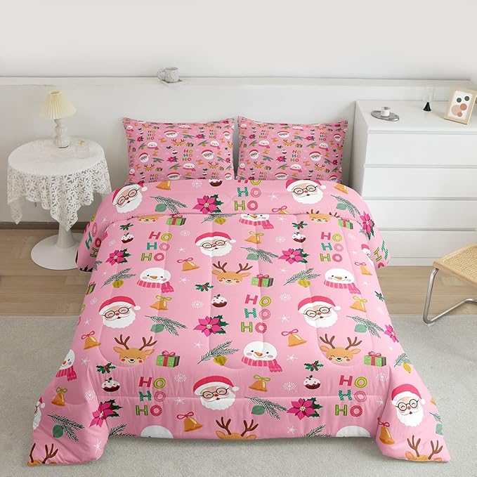 Feelyou Santa Claus Comforter Set King Size Xmas Bedding Set for Kids Boys Girls Christmas Decor Duvet Quilt Happy New Year Bedroom Decor Microfiber 3 Pcs with 2 Pillow Cases