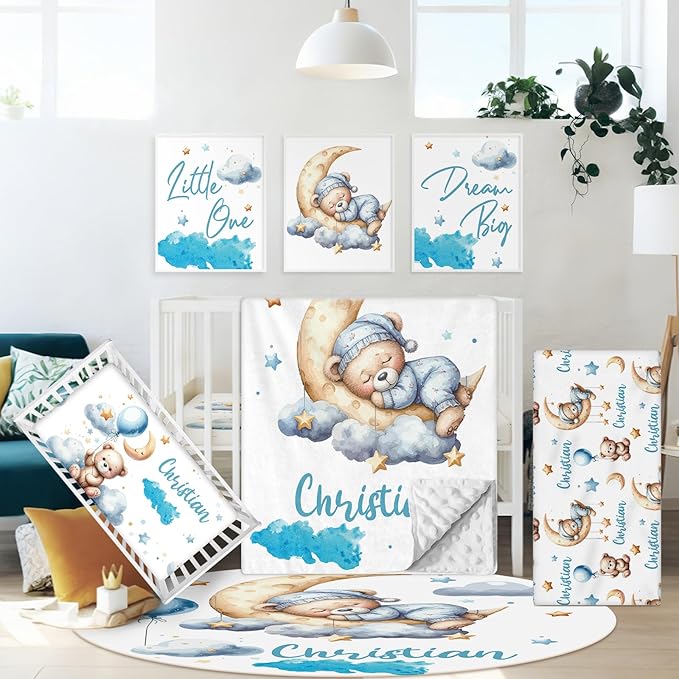 Custom Baby Boy Crib Bedding Set, 5 Pcs Personalized Blue Moon Bear Baby Crib Set with Name, Nursery Girl Bedding, Double Layer Toddler Bedding Set, Newborn Infant New Parents Customized Gifts