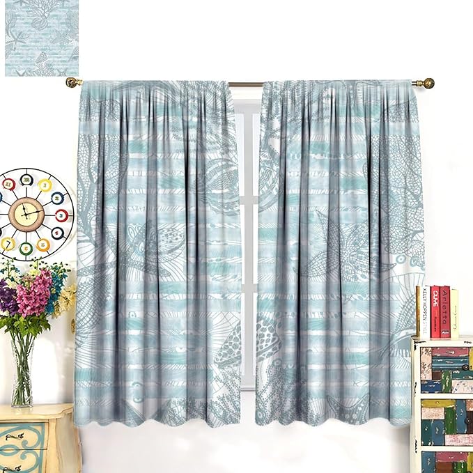 Starfish Curtains，Starfish and Seashells Coastal Curtain Ocean Themed Underwater Marine Decor Waterproof Fabric Curtain Set 2 Panels,42x45 Inches