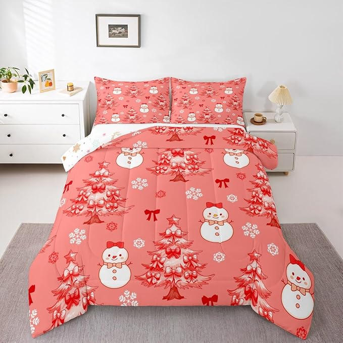 Feelyou Merry Christmas Kids Comforter Set Full Size Cute Snowman Bedding Set Cartoon Bowknot Duvet Quilt for Kids Boys Girls Bedroom Christmas Tree Decor Microfiber Ultra Soft Breathable