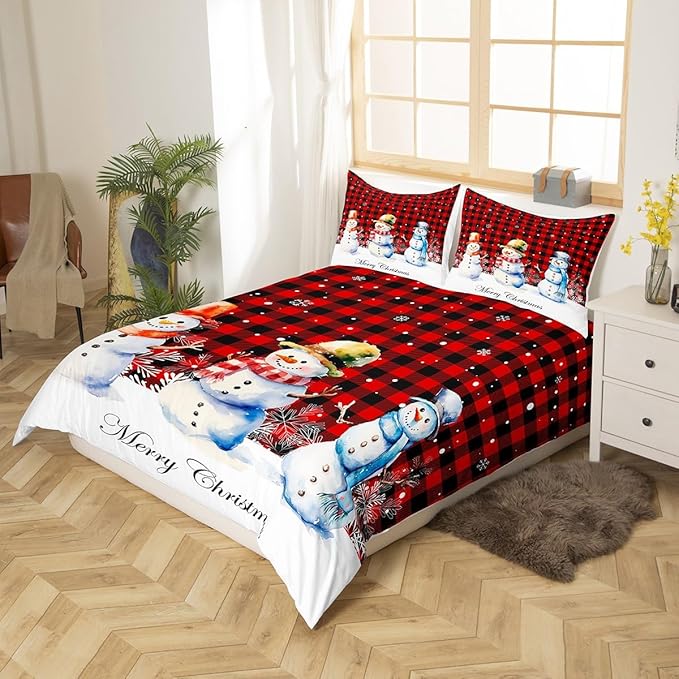 Xmas Snowman Duvet Cover Set Full Size, Christmas Bedding Set 3pcs for Kids Boys Girls Bedroom Decor, Red Black Plaid Print Comforter Cover with 2 Pillowcases,Snowflake Print Quilt Cover,No Comforter