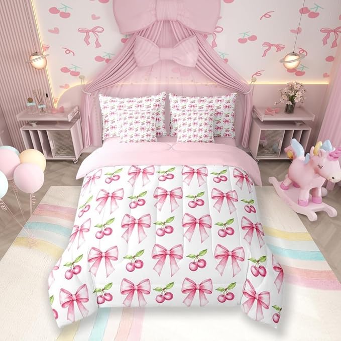 7 Pieces Pink Bowknot Kids Comforter Twin,Cherry Tropical Fruit Cartoon Bedding Set,Bow Tie Butterfly Knot Princess Dreamy Fashion（Comforter+Fitted+Flat Sheet+2 Pillowcases+2 Throw Pillow Covers）