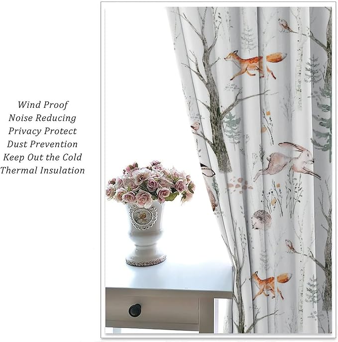 Rustic Forest Window Curtains, Watercolor Woodland Animals Owl Hedgehog Fox Butterfly Forest Squirrel and Bear Blackout Windows Door Curtain for Bedroom Living Room Home Decor 42x63in