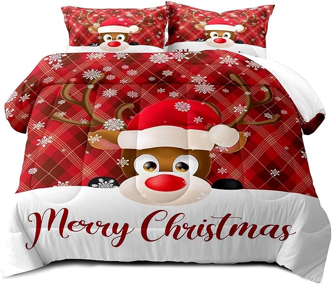 LUVIVIHOME 3PCS Merry Christmas Comforter Set Full Size, Snowflake Cartoon Funny Cute Elk Deer Bedding, Xmas Christmas Bedroom Decor, Soft Microfiber White Red Quilt, 2 Pillow Shams