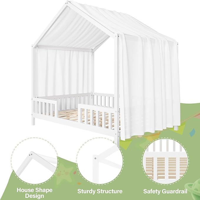 Bellemave Full House BedFrame with Canopy, Montessori Floor Bed, House Bed with Rails for Kids, White