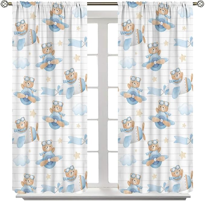 Cartoon Bear Curtains, Lovely Bear Adventure Airplane Blue White Stripe Blackout Window Treatments, Rod Pocket Thermal Insulated Drapes 2 Panel Sets for Kids Bedroom Nursery Classroom, 84"W X 84"L