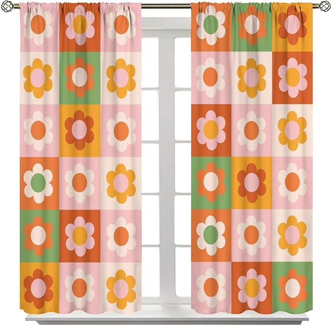 70s Flowers Curtains,Vintage Cute Colorful Abstract Floral for Girls Kids Bedroom Bathroom Curtains Window,Trendy Groovy Funky Novelty Home Window Treatments Drapes 55"" W X 63"" L, Style-5