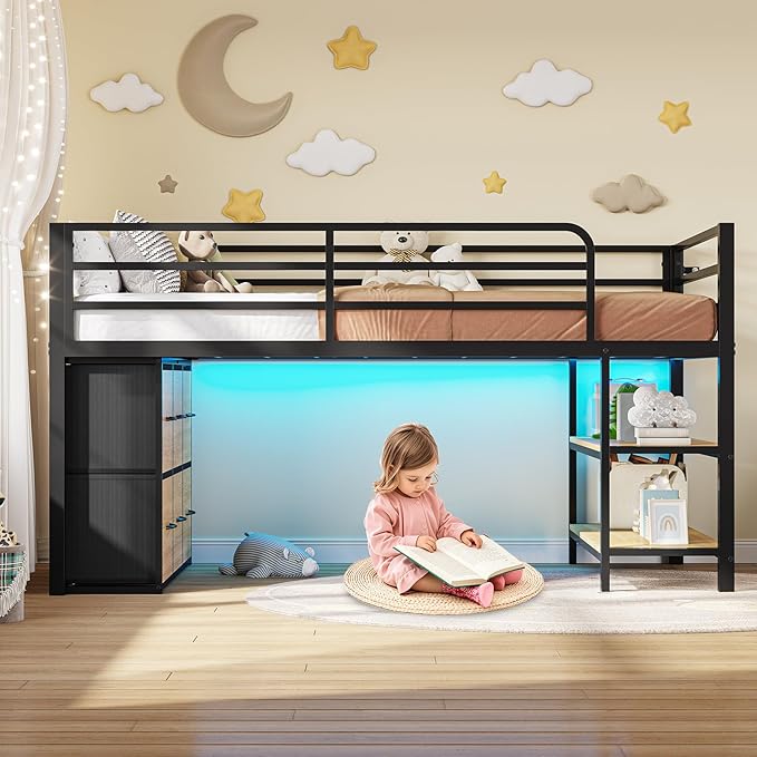 BTHFST Low Loft Bed Twin Size with 6 Storage Drawers, LED Lights, 2 Tier Storage Shelves, Kids Metal Loft Bed with 15" H Stairs & Safety Guardrail, Spave Saving, Black & Natural
