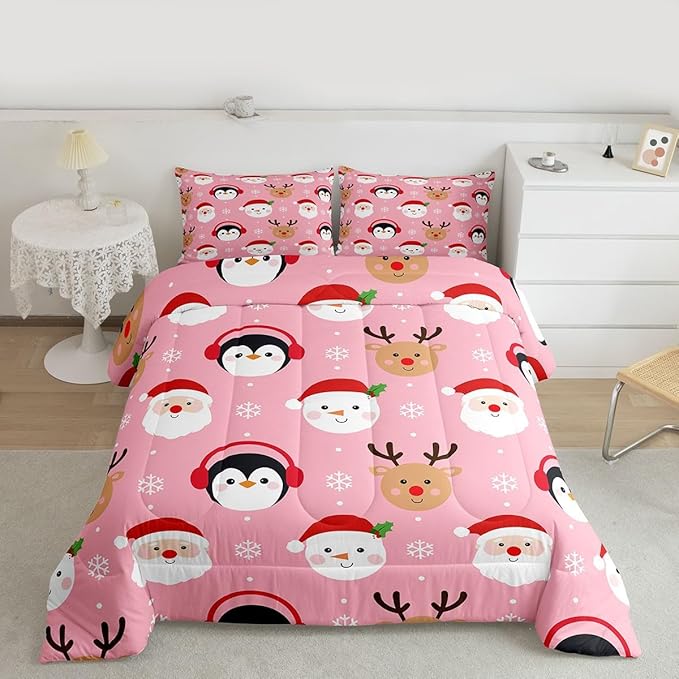 Feelyou Pink Christmas Comforter Set Toddler Size Santa Claus Bedding Set for Kids Boys Girls Deer Penguin Duvet Quilt Snowman Bedroom Decor Microfiber 2 Pcs with 1 Pillow Cases