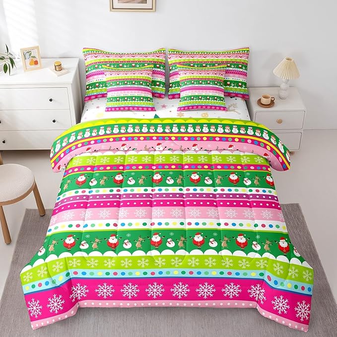 Feelyou Christmas Bed Set Snowman Christmas Reindeer Print Comforter Set with Sheets Xmas Santa Claus Bed in a Bag for Kids Girls New Year Theme Bedding Set Bedding King Size