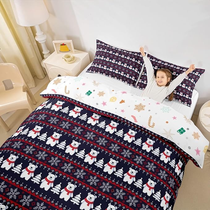 Christmas Bedding Set for Kids Boys Girls Polar Bear Christmas Tree Comforter Cover Set Exotic Ethnic Xmas Theme Duvet Cover Bedroom Decor Snowflake Bedspread Cover King Size Bedding Collection 3Pcs