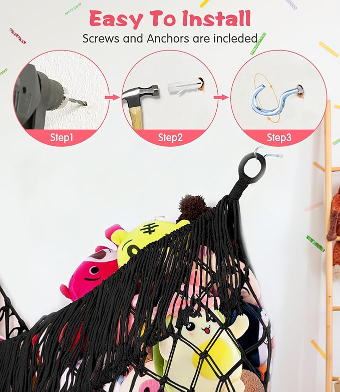 Stuffed Animal Hammock - Extra Large 63'' Long, Stuffed Animal Storage, stuffed animal Holder net, Toy Hammock Large, Toy Storage Hanging Organizer - Black