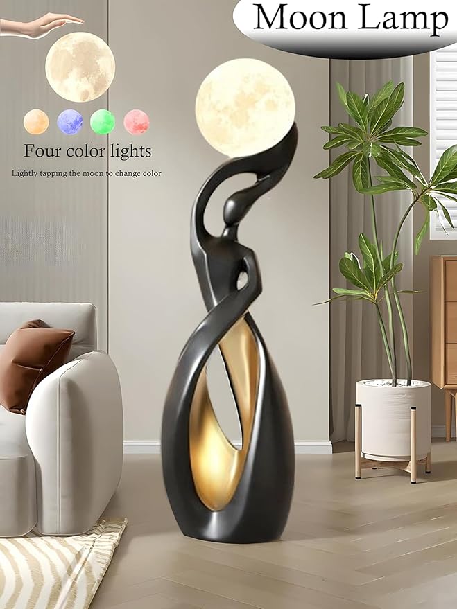 Bofea-Unique Floor Lamp with Moon Lamp,Creative Black Gold Standing Lamps,Art Deco Floor Light with Rechargeable Globe Lights,Modern Resin Accent Dancing Girls Statue for Living Room Bedroom Home