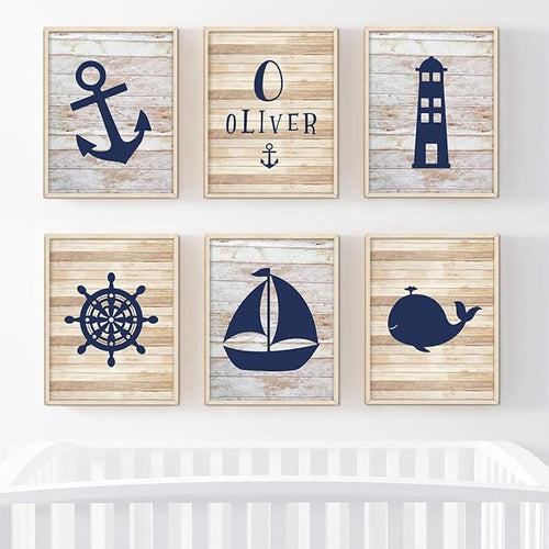 Andaz Press Personalized Ocean Nautical Sailor Theme Nursery Kids Bedroom Hanging Wall Art Decor, 8.5x11-inch, Rustic Distressed Wood, Anchor, 6-Pack, Custom Name Unframed Room Poster