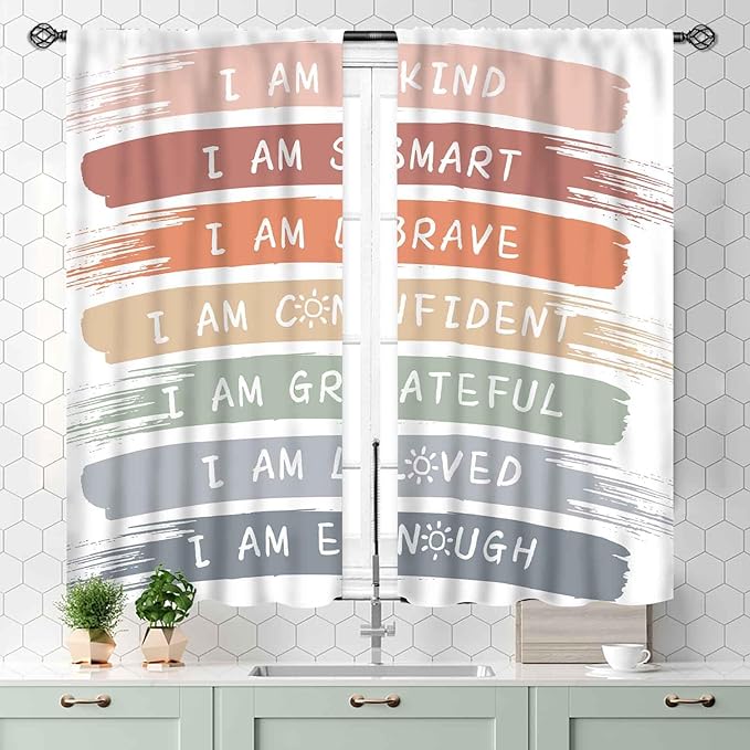 Rainbow Curtains for Classroom, Kids Girls Baby Boho Cute Inspirational Motivational Quotes Cartoon Colorful Pastel Nursery Classroom Bedroom Living Room Bathroom Window Drapes 2 Panels, 55x39 Inch