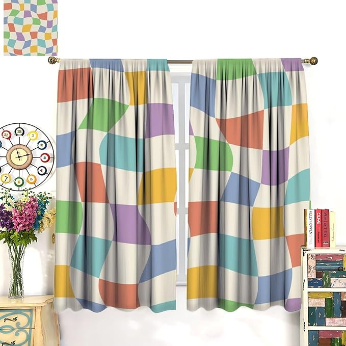 Checkered Curtains,70s Vintage Twisted Checkered Window Drapes Colorful Groovy Trendy Wavy Hippie Grid Print Window Treatments for Kids Girls Bedroom Living Room Bathroom 42" W X 45" L