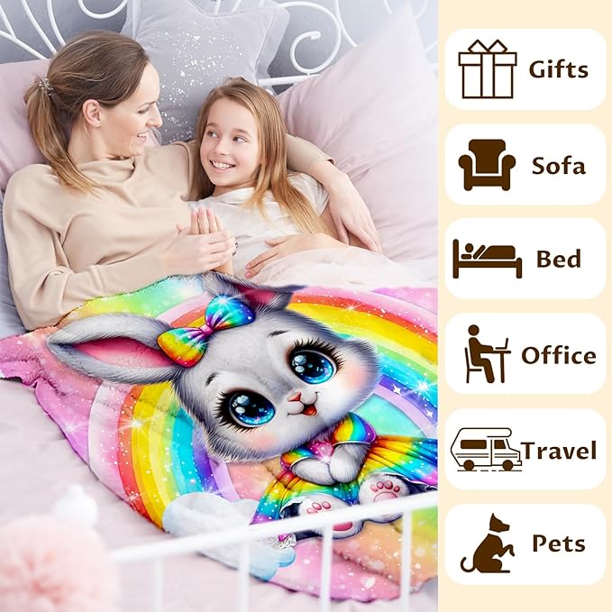 Rabbit Blanket Gift for Girls, Bunny Throw for Kids Teens Daughter 50x60 Inches Soft Warm Lightweight Rainbow Throw Blankets for Sofa Couch Bed Travel