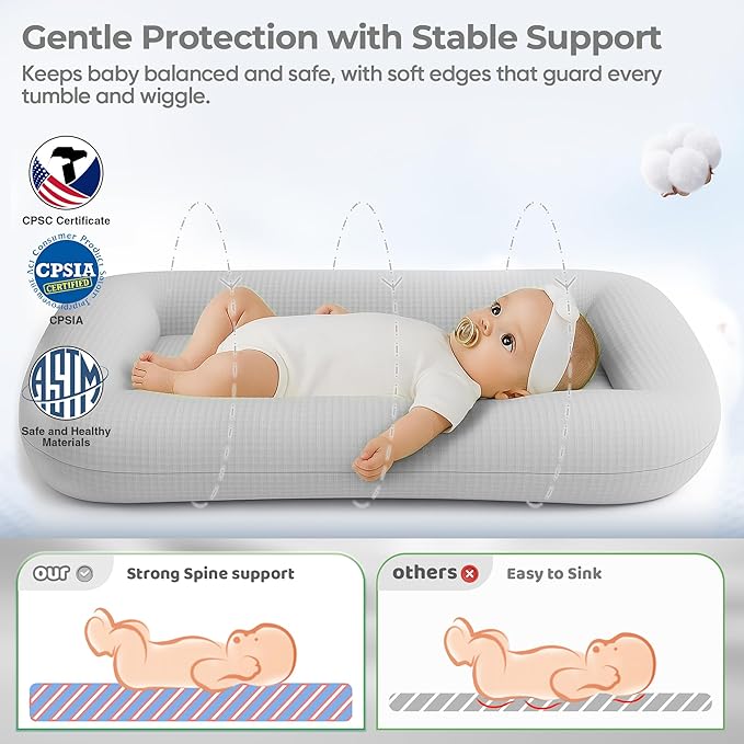Baby Lounger for Newborn - Infant Lounger 0-24 Months with Lounger Cover, Cooling Baby Nest Lounger, Breathable Waffle Fabric & 3D Support, Portable Newborn Essentials, Gray