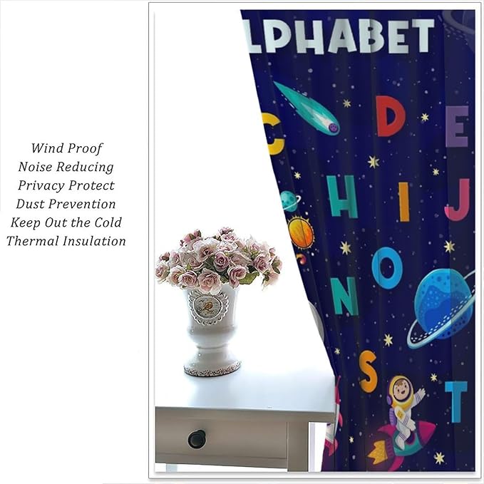 Alphabet Curtains Kids Outer Space Cartoon Universe Planet Educational Learning Curtain with Rod Pocket for Bedroom Nursery Decor Drapes Window Treatments 2 Panels Set 63" W X 72" L