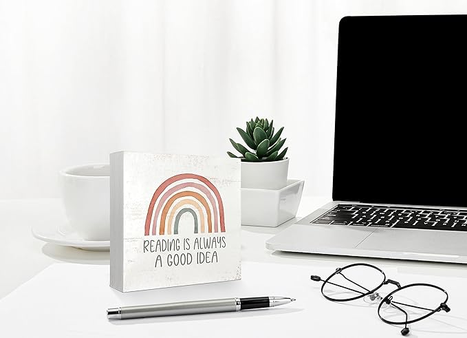 Mtrgdn Reading Conner Decor for Classroom,Boho Rainbow Classroom Reading Nook Desk Decor,Reading is Always a Good Idea Wood Box Sign for Homeschool Library Bookshelf Nursery Kids Reading Room,5x5 Inch